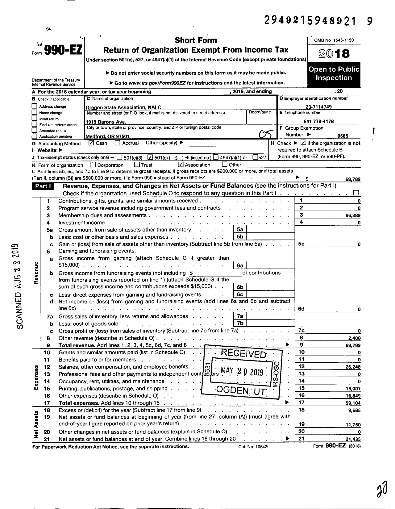 Image of first page of 2018 Form 990EO for National Association of Letter Carriers - Oregon State