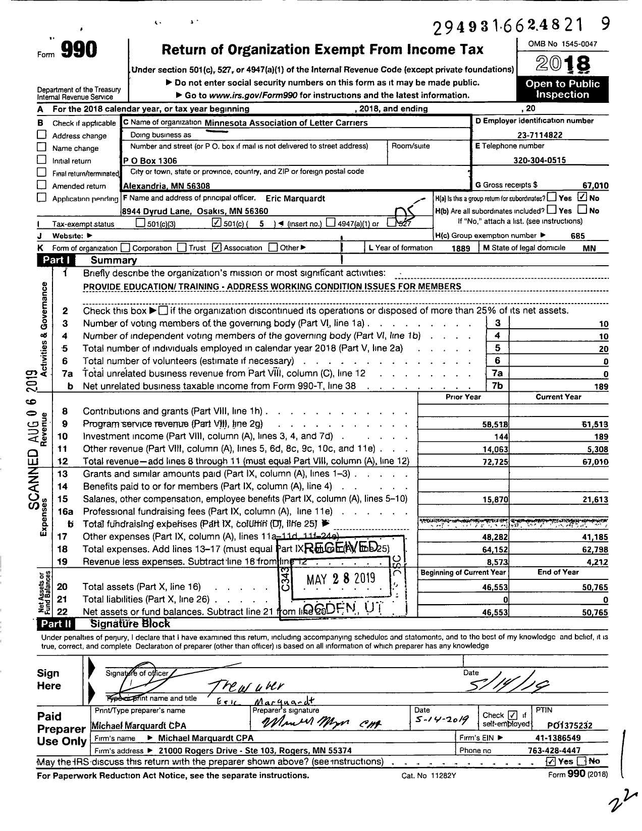 Image of first page of 2018 Form 990O for National Association of Letter Carriers - Minnesota State Association