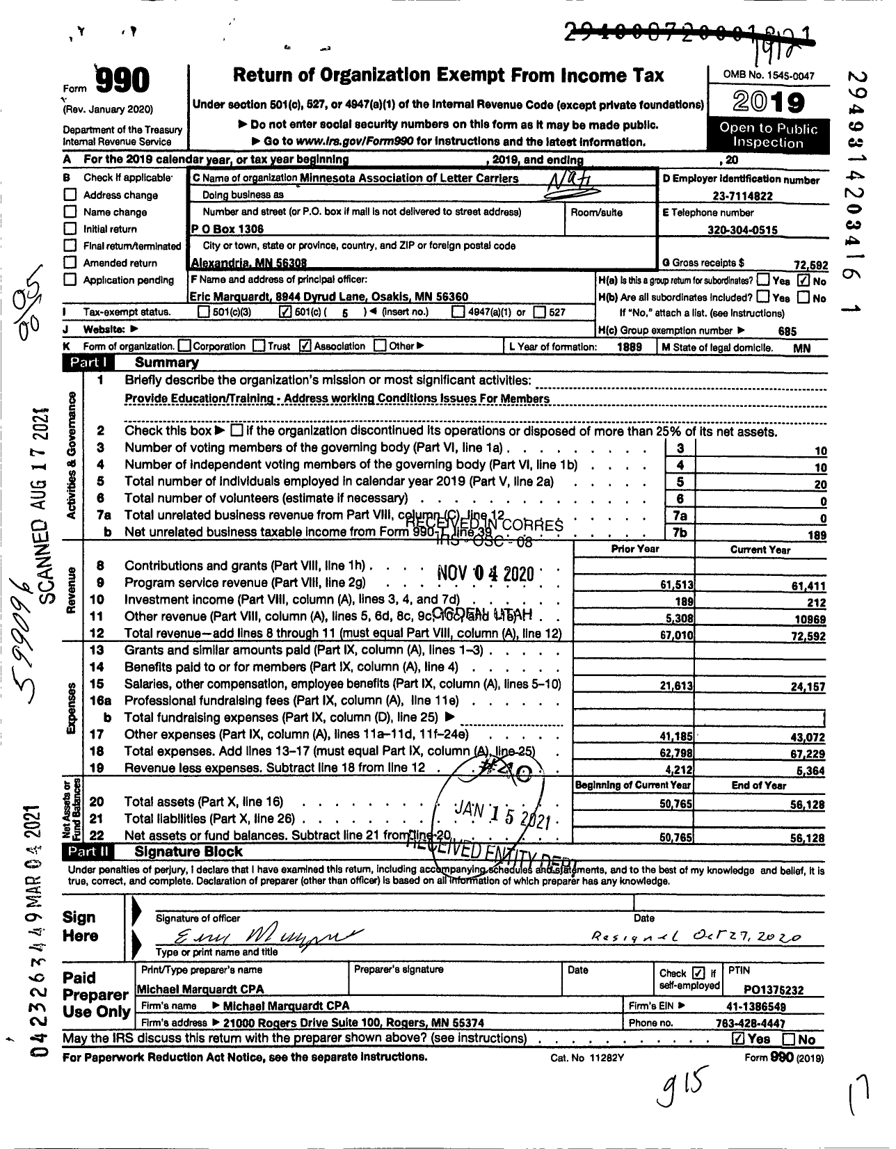 Image of first page of 2019 Form 990O for National Association of Letter Carriers - Minnesota State Association