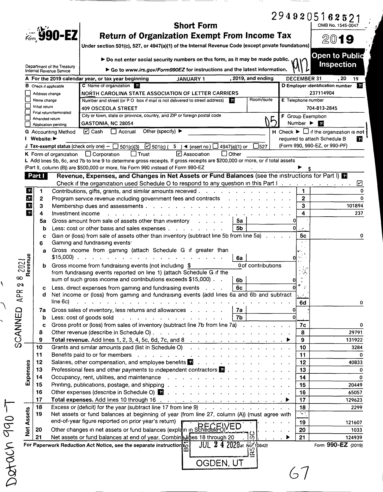 Image of first page of 2019 Form 990EO for National Association of Letter Carriers - North Carolina State