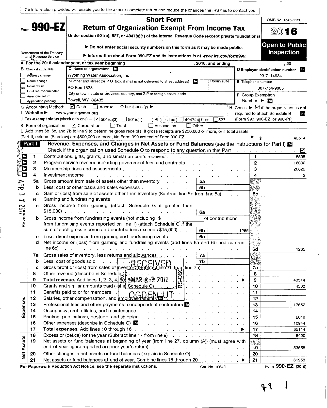 Image of first page of 2016 Form 990EZ for Wyoming Water Association