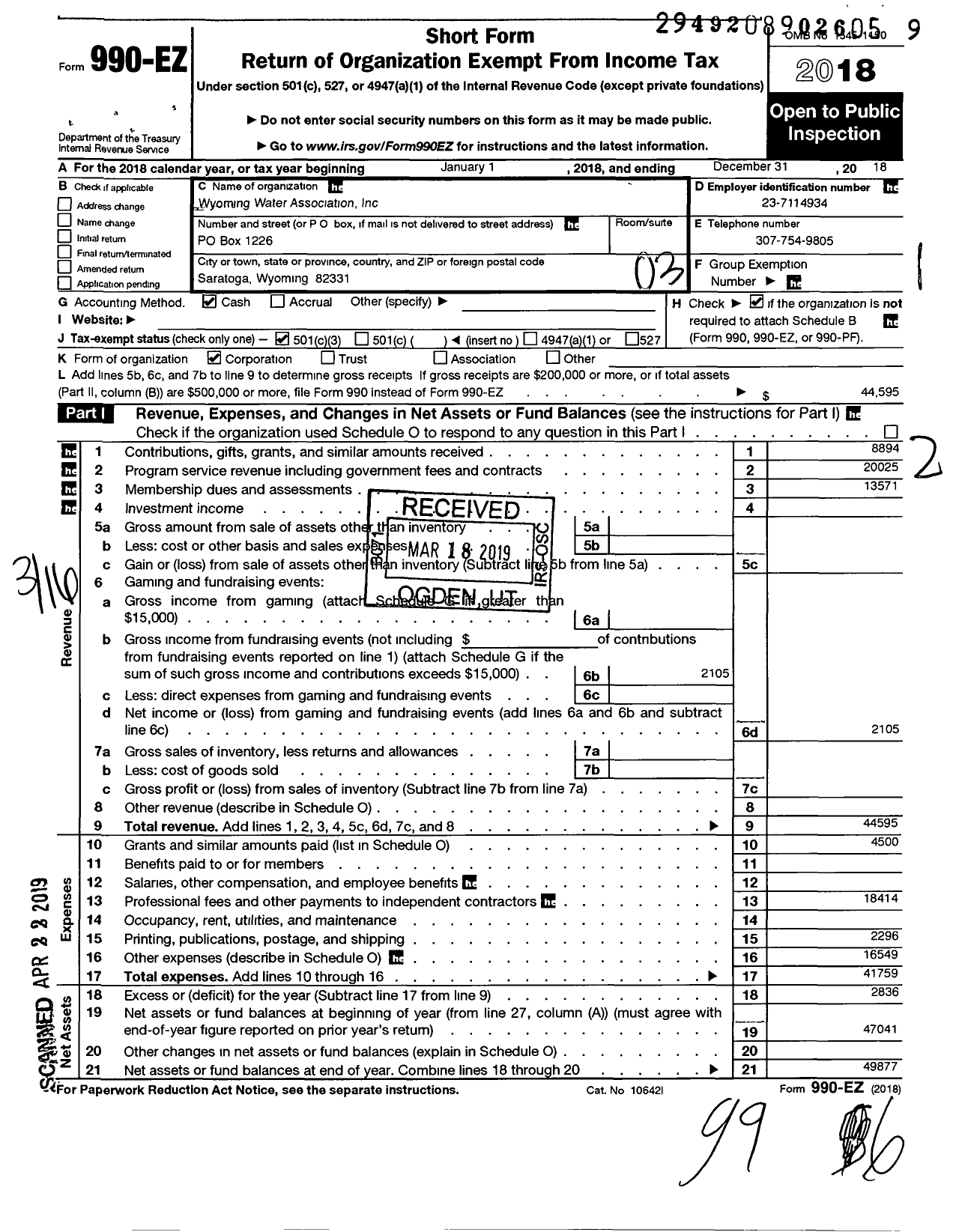 Image of first page of 2018 Form 990EZ for Wyoming Water Association