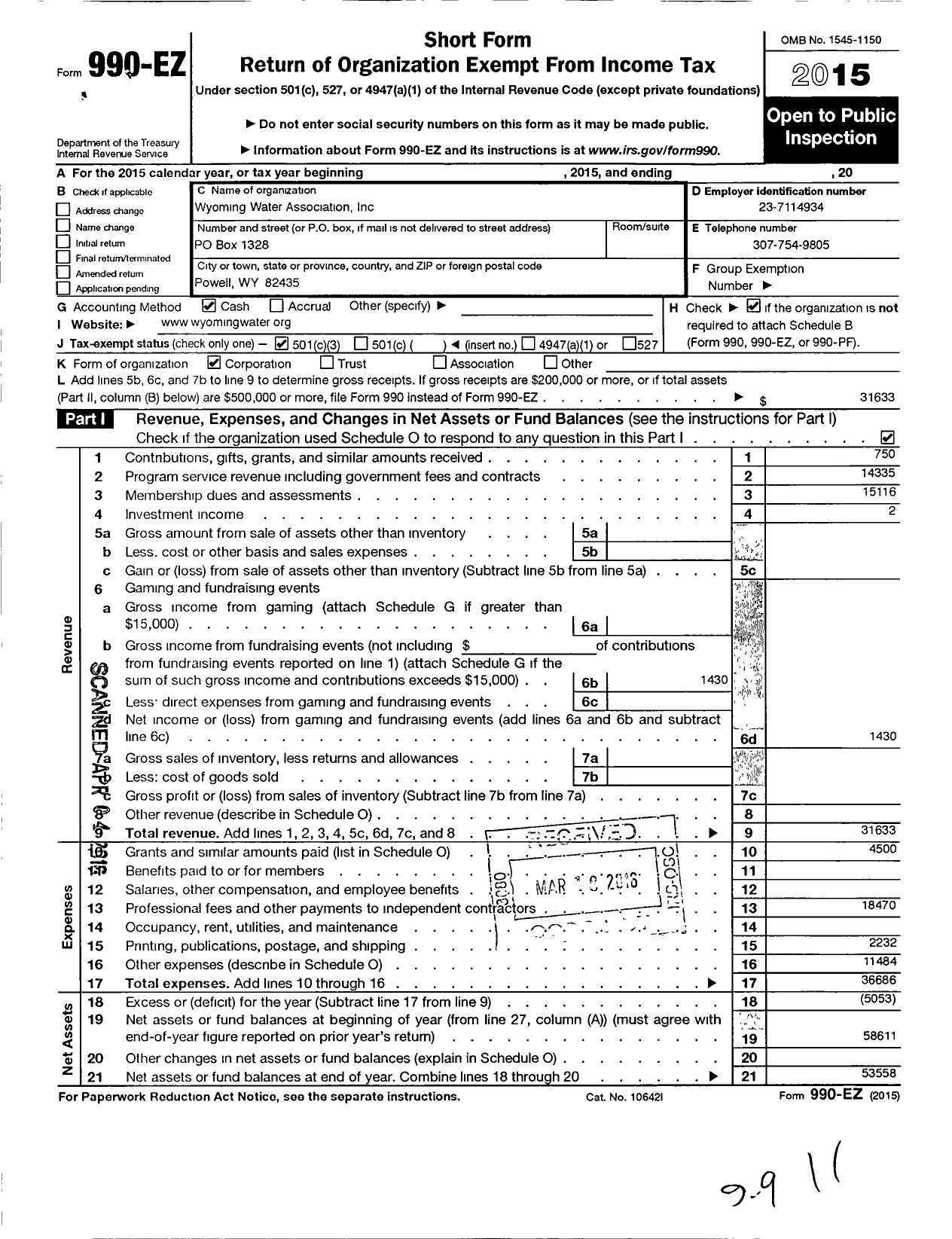 Image of first page of 2015 Form 990EZ for Wyoming Water Association