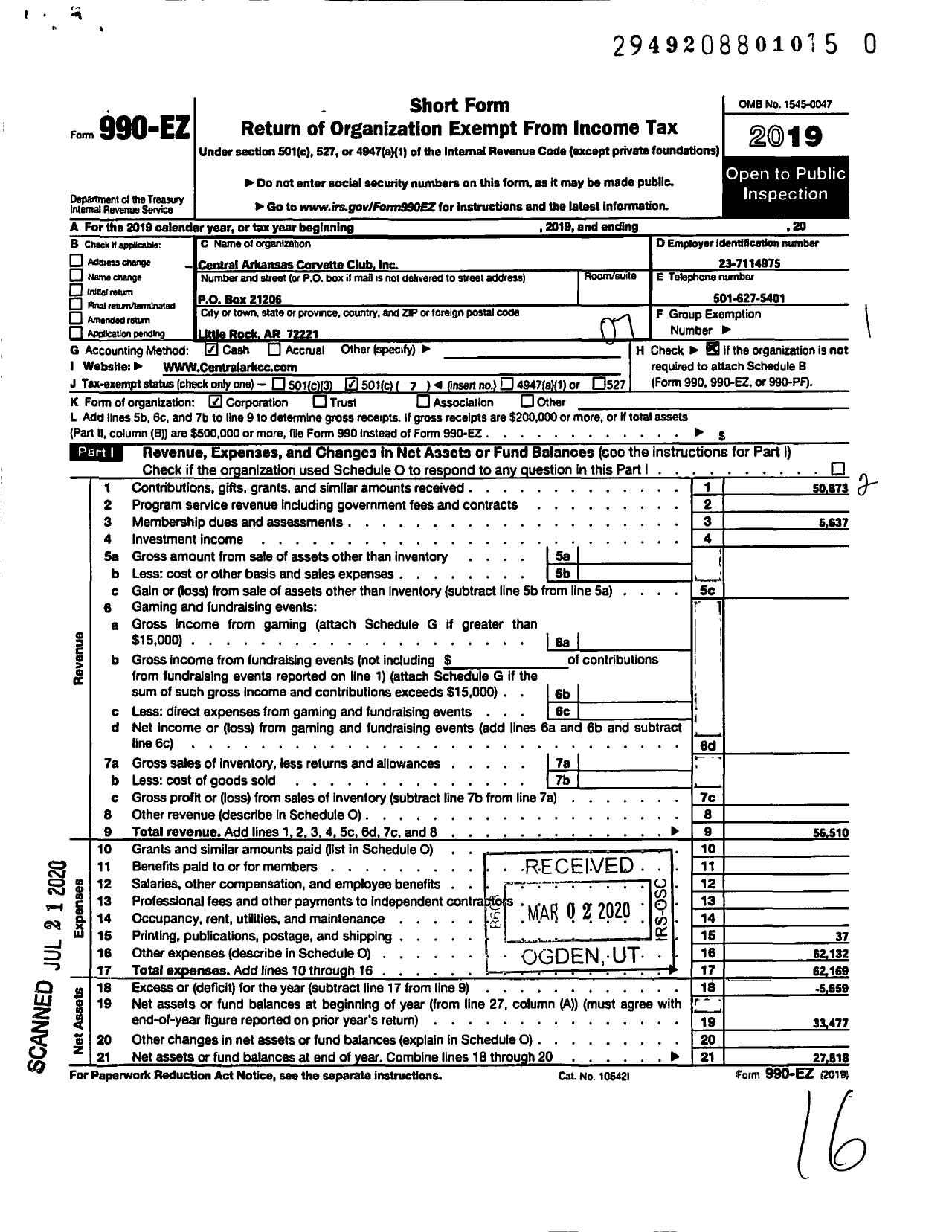 Image of first page of 2019 Form 990EO for Central Arkansas Corvette Club