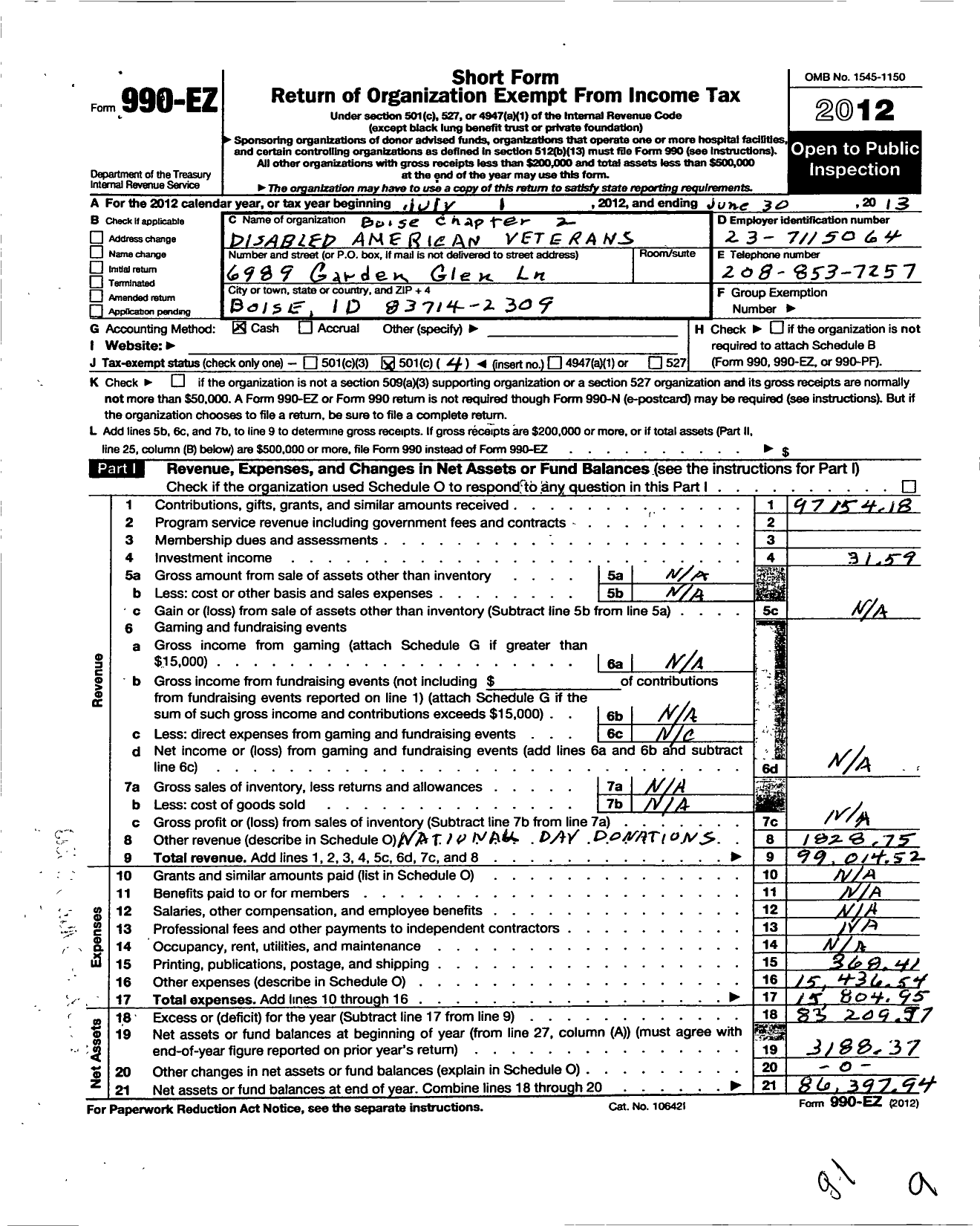 Image of first page of 2012 Form 990EO for Disabled American Veterans - 2 Boise