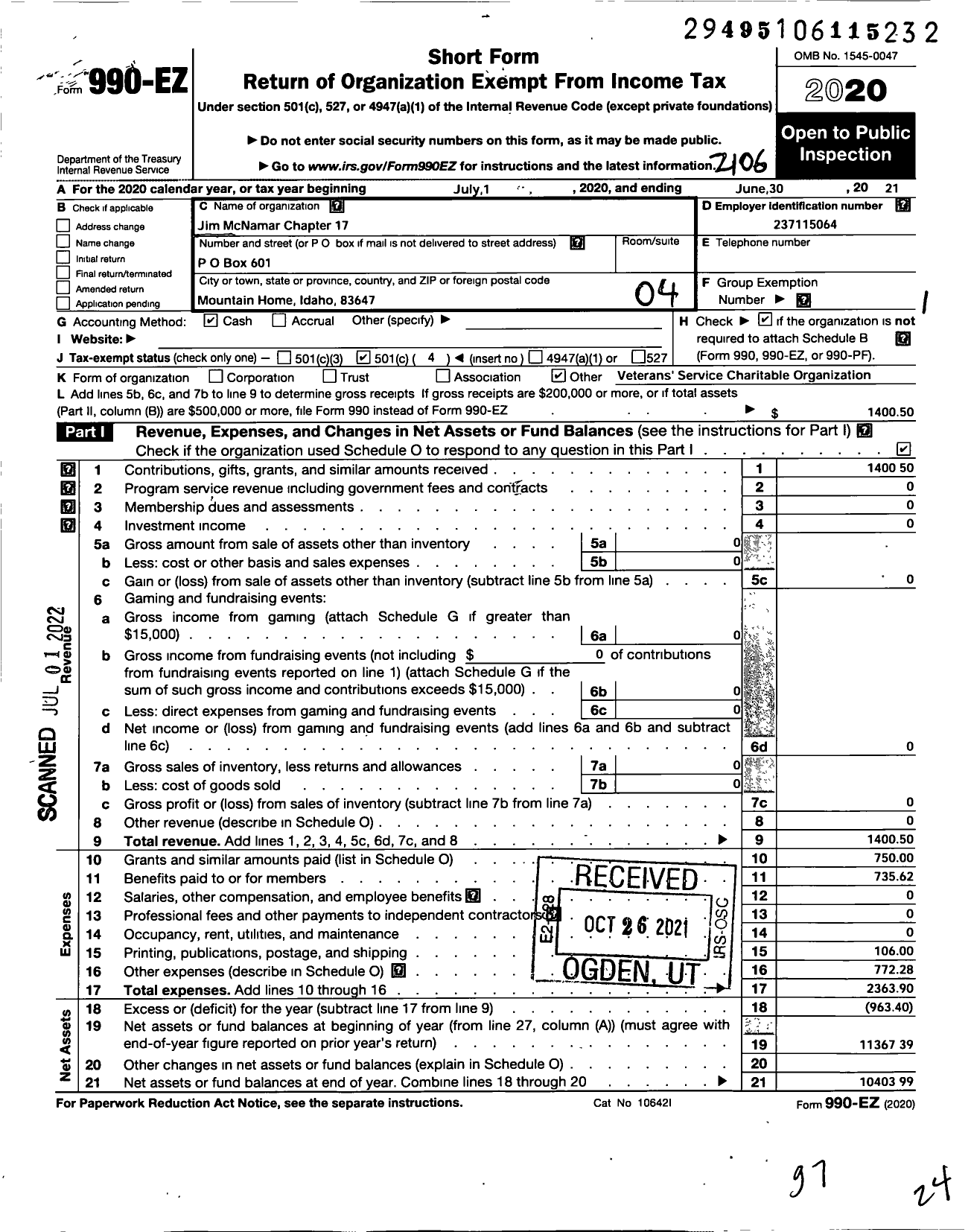 Image of first page of 2020 Form 990EO for Disabled American Veterans - 2 Boise