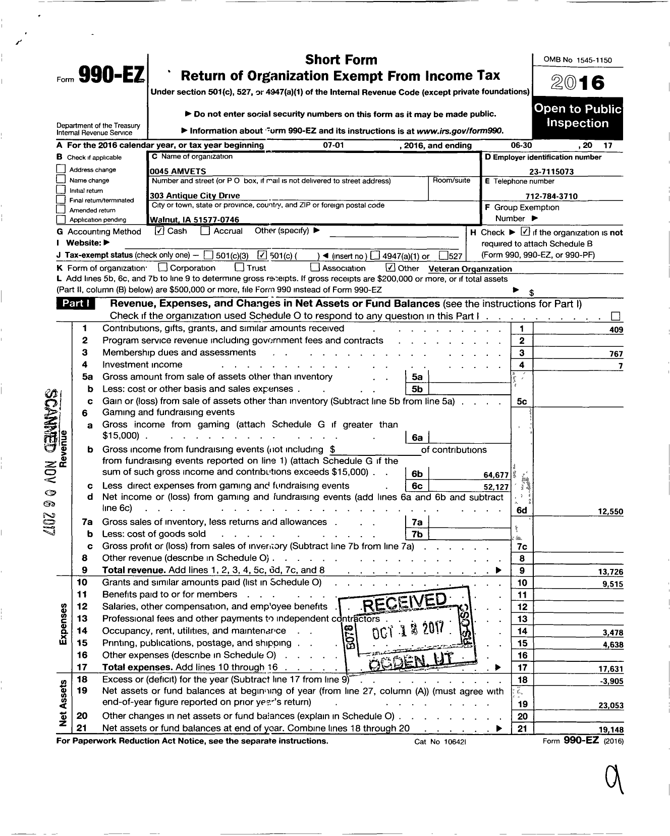 Image of first page of 2016 Form 990EO for Amvets - 0045 Amvets (0045 Amvets)