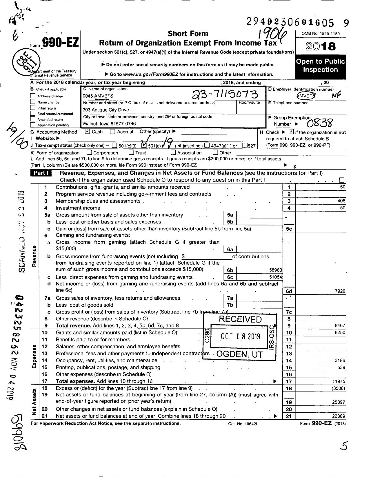 Image of first page of 2018 Form 990EO for Amvets - 0045 Amvets (0045 Amvets)