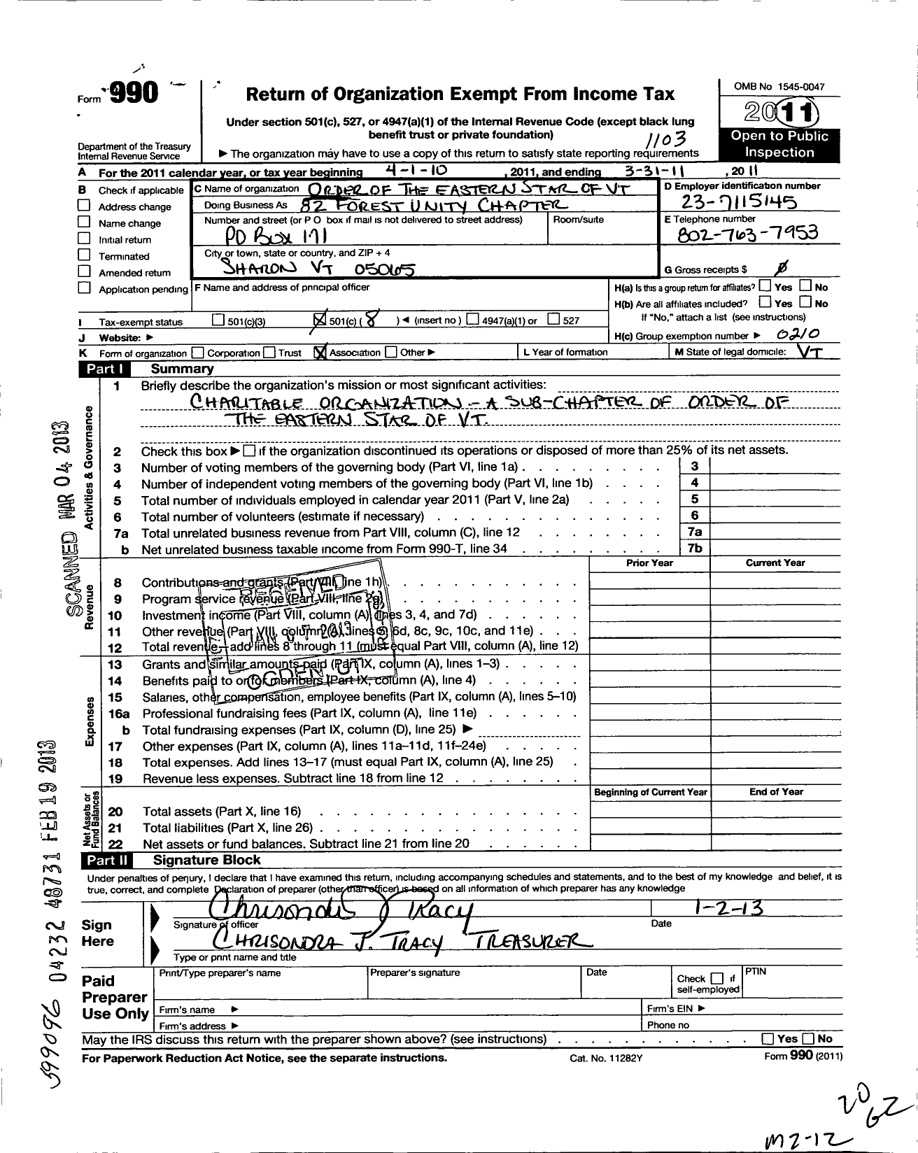 Image of first page of 2010 Form 990O for Order of the Eastern Star of VT Grand Chapter - 82 Forest Unity Chapter