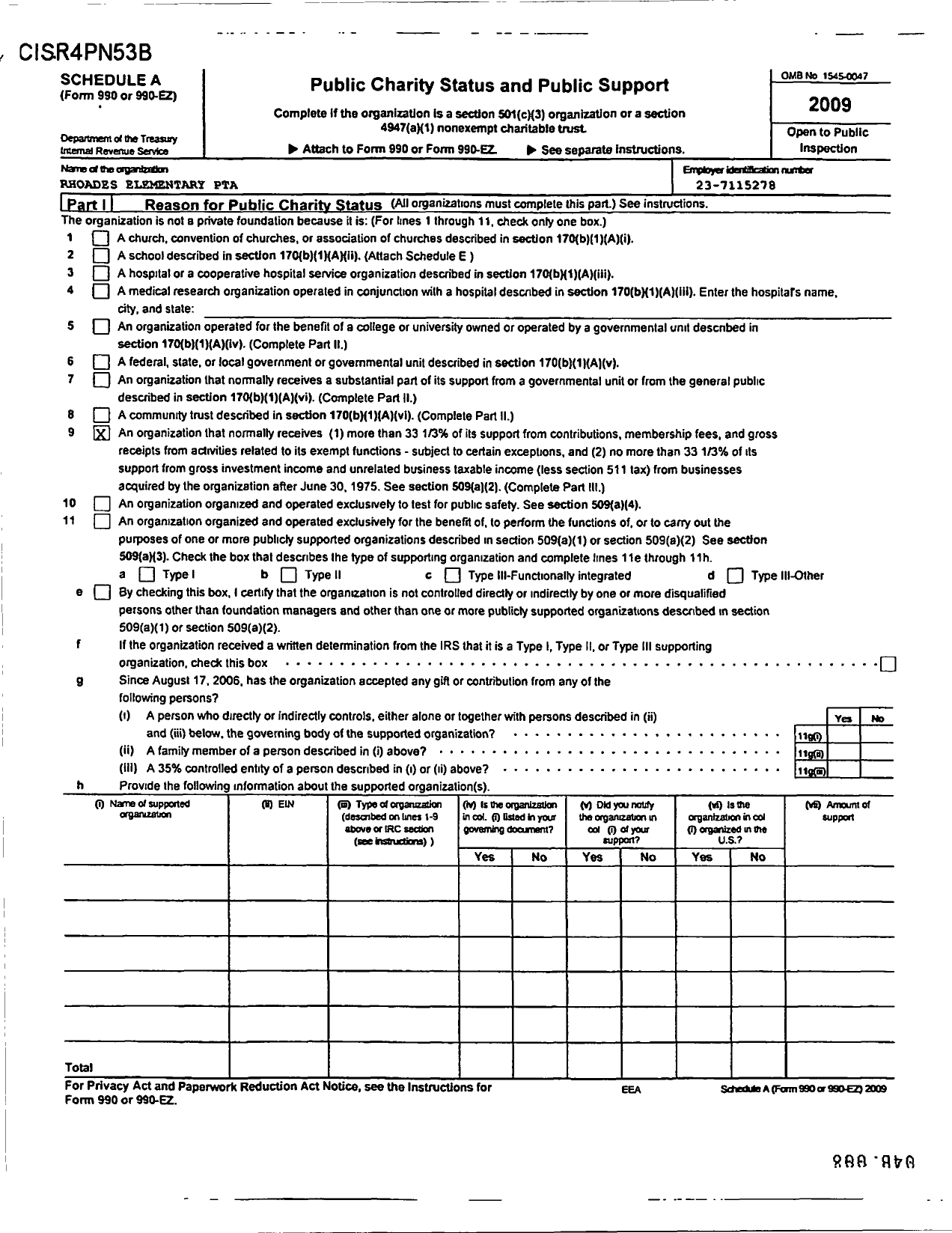 Image of first page of 2009 Form 990ER for PTA Oklahoma Congress / Rhoades Elementary