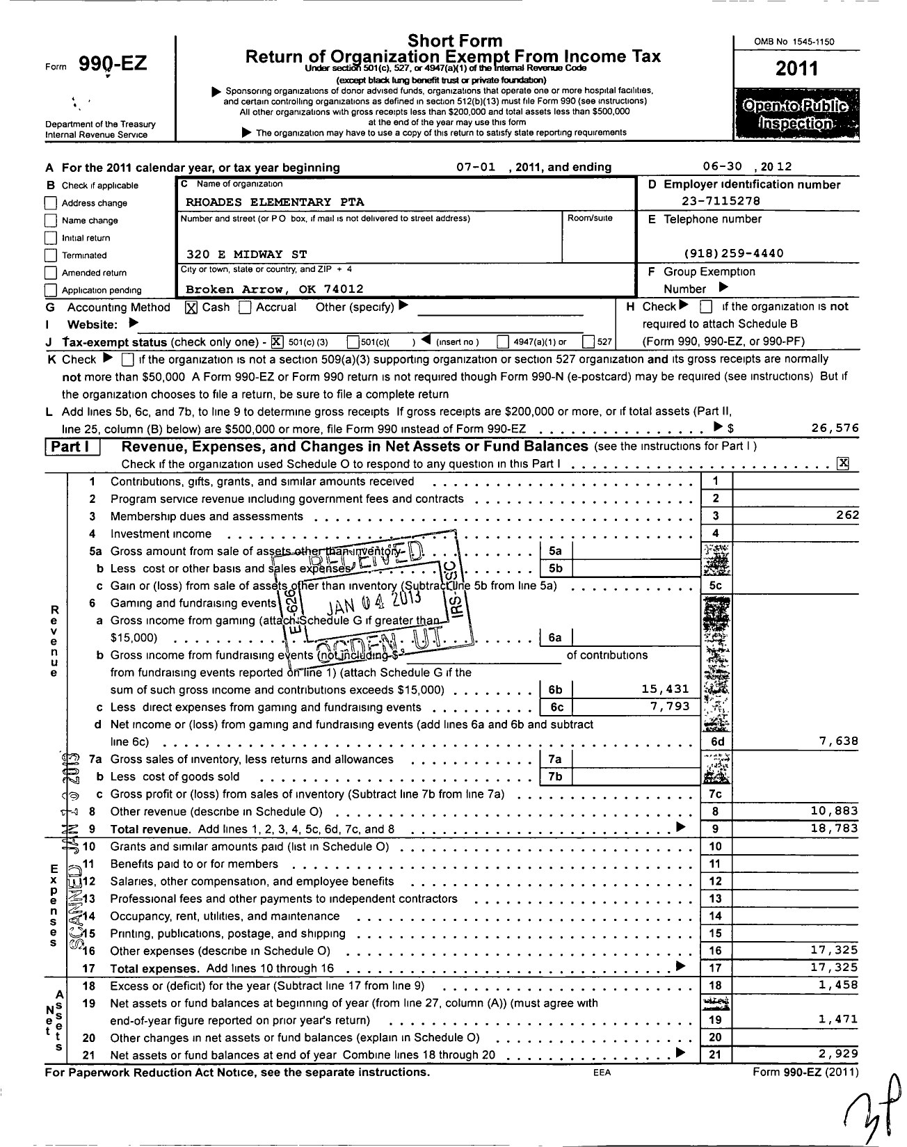 Image of first page of 2011 Form 990EZ for PTA Oklahoma Congress / Rhoades Elementary