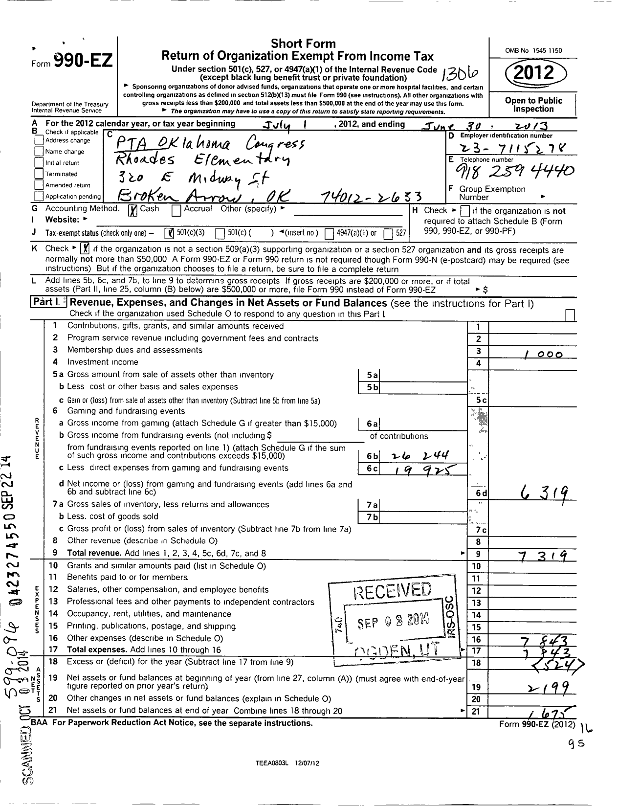 Image of first page of 2012 Form 990EZ for PTA Oklahoma Congress / Rhoades Elementary