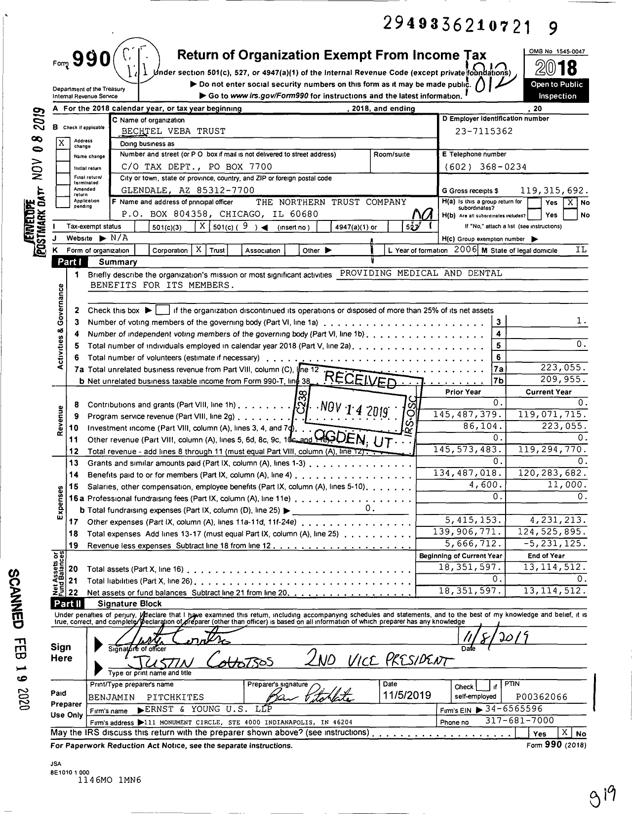 Image of first page of 2018 Form 990O for Bechtel Veba Trust