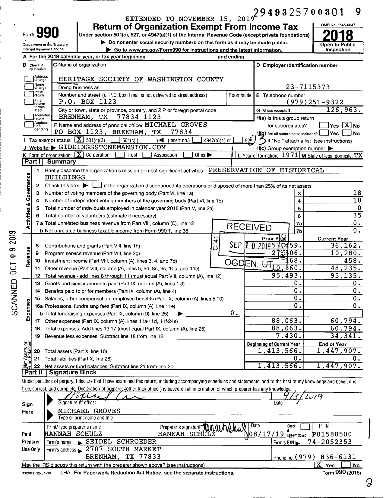 Image of first page of 2018 Form 990 for Heritage Society of Washington County