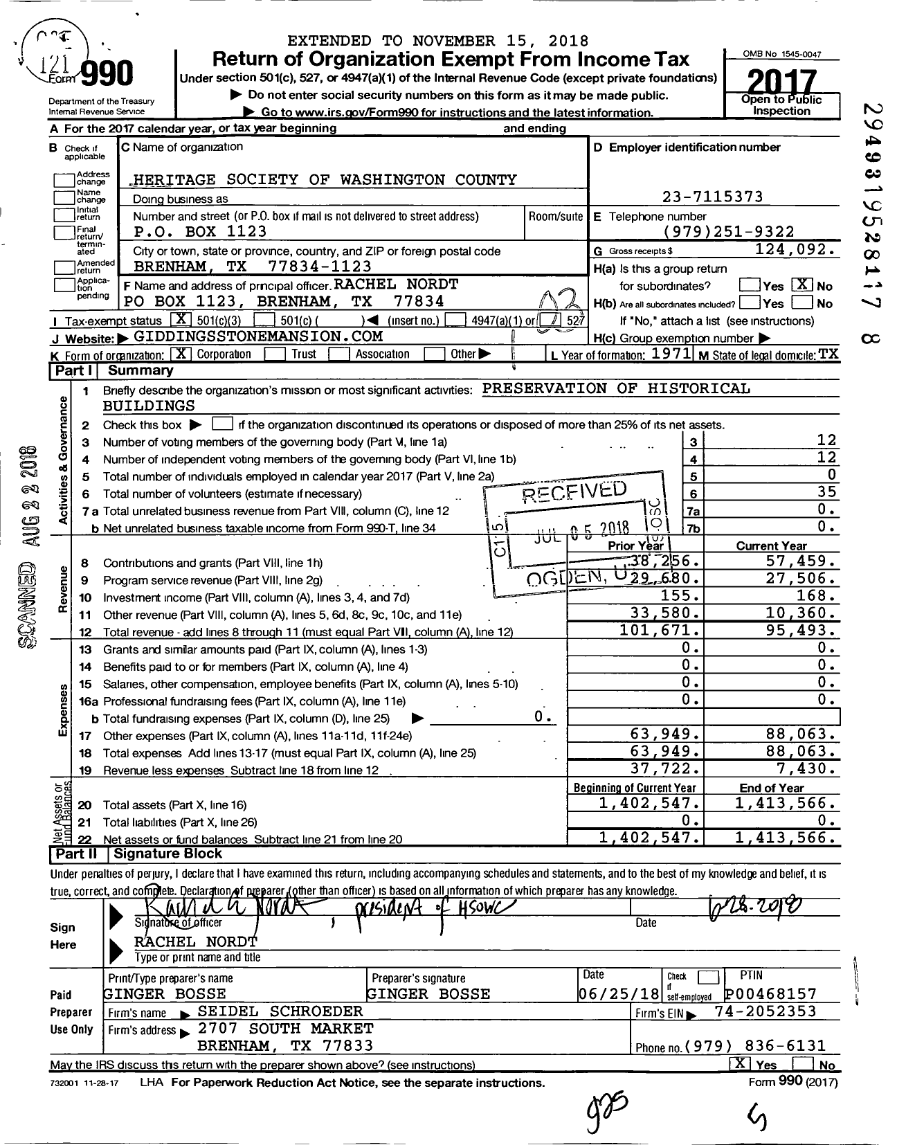 Image of first page of 2017 Form 990 for Heritage Society of Washington County