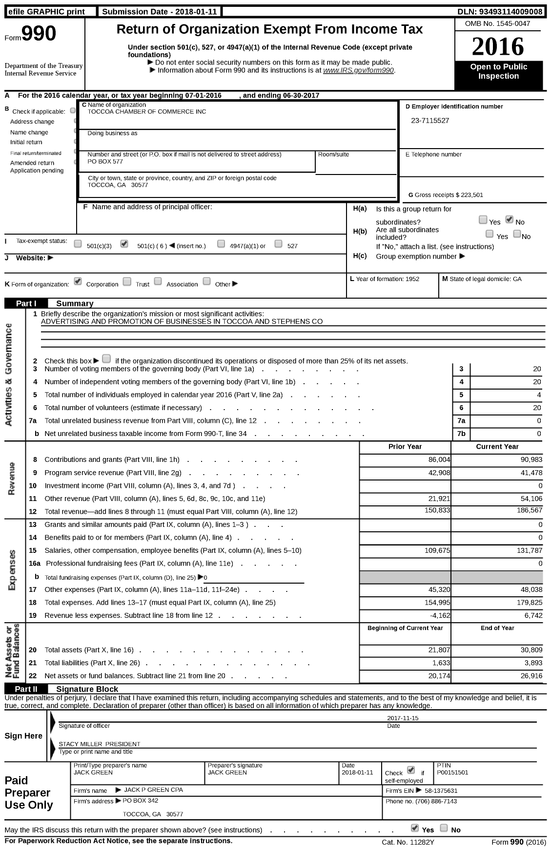 Image of first page of 2016 Form 990 for Toccoa Chamber of Commerce