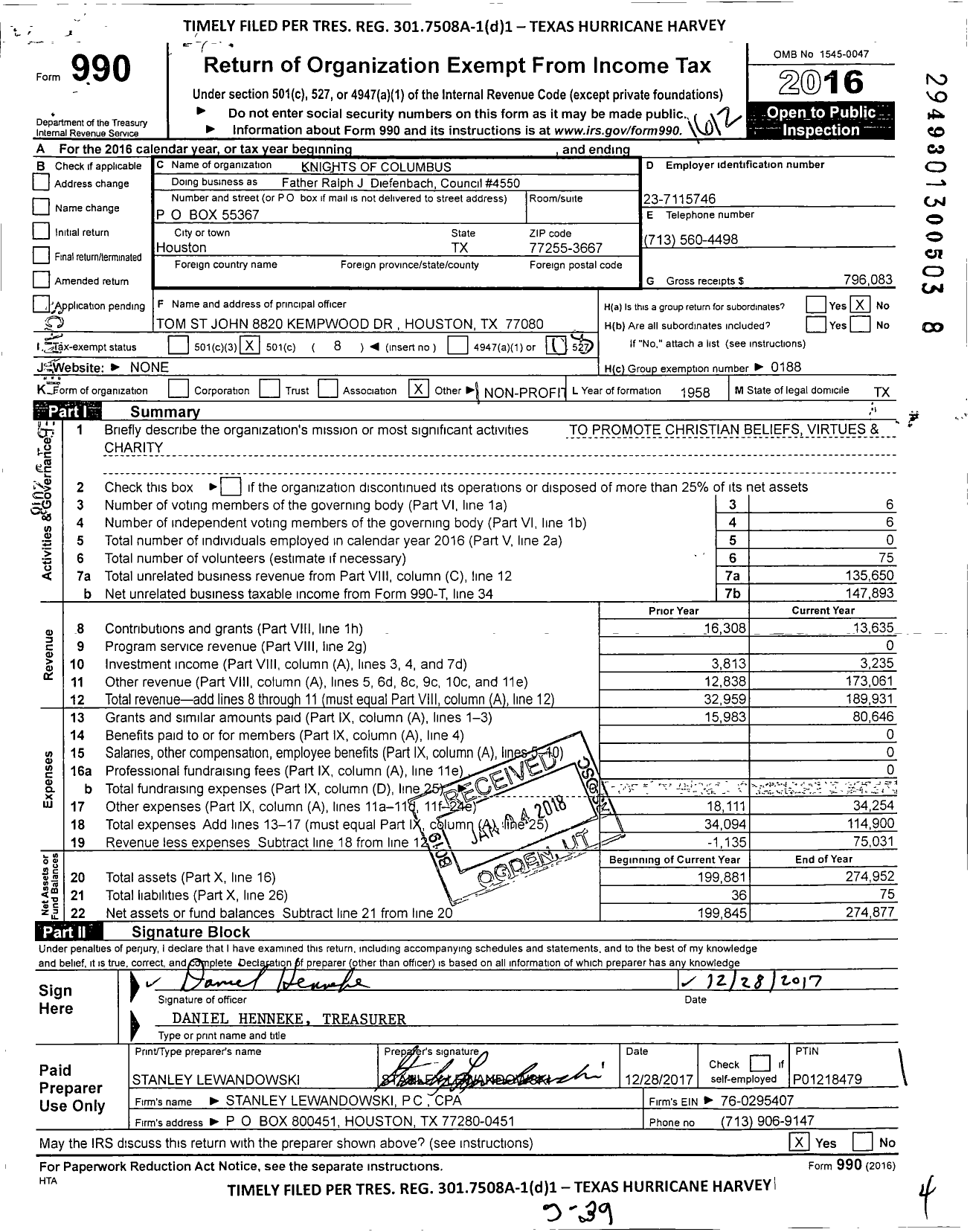 Image of first page of 2016 Form 990O for Knights of Columbus - Father Ralph J Diefenbach Council