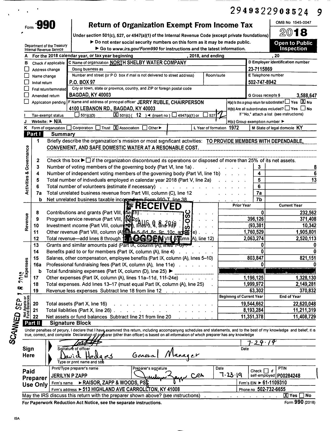 Image of first page of 2018 Form 990O for North Shelby Water Company