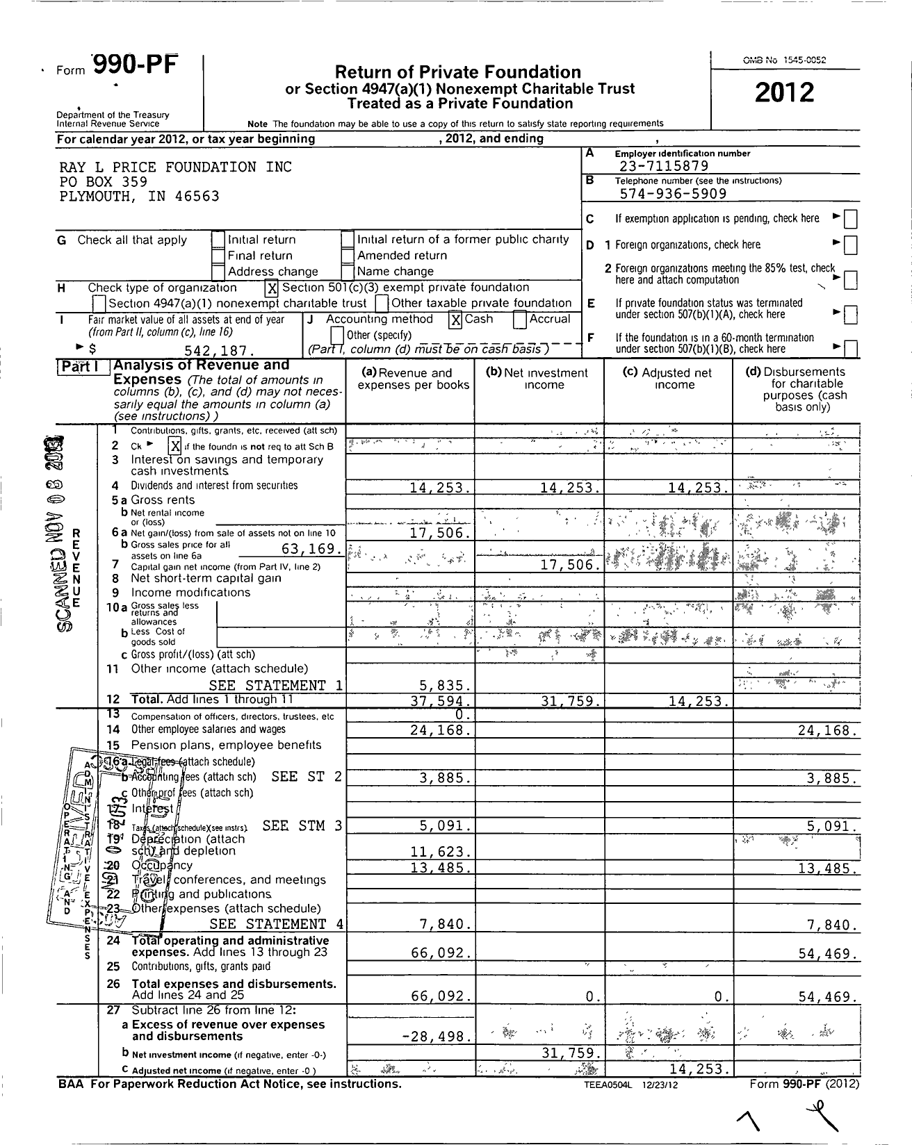 Image of first page of 2012 Form 990PF for Ray L Price Foundation