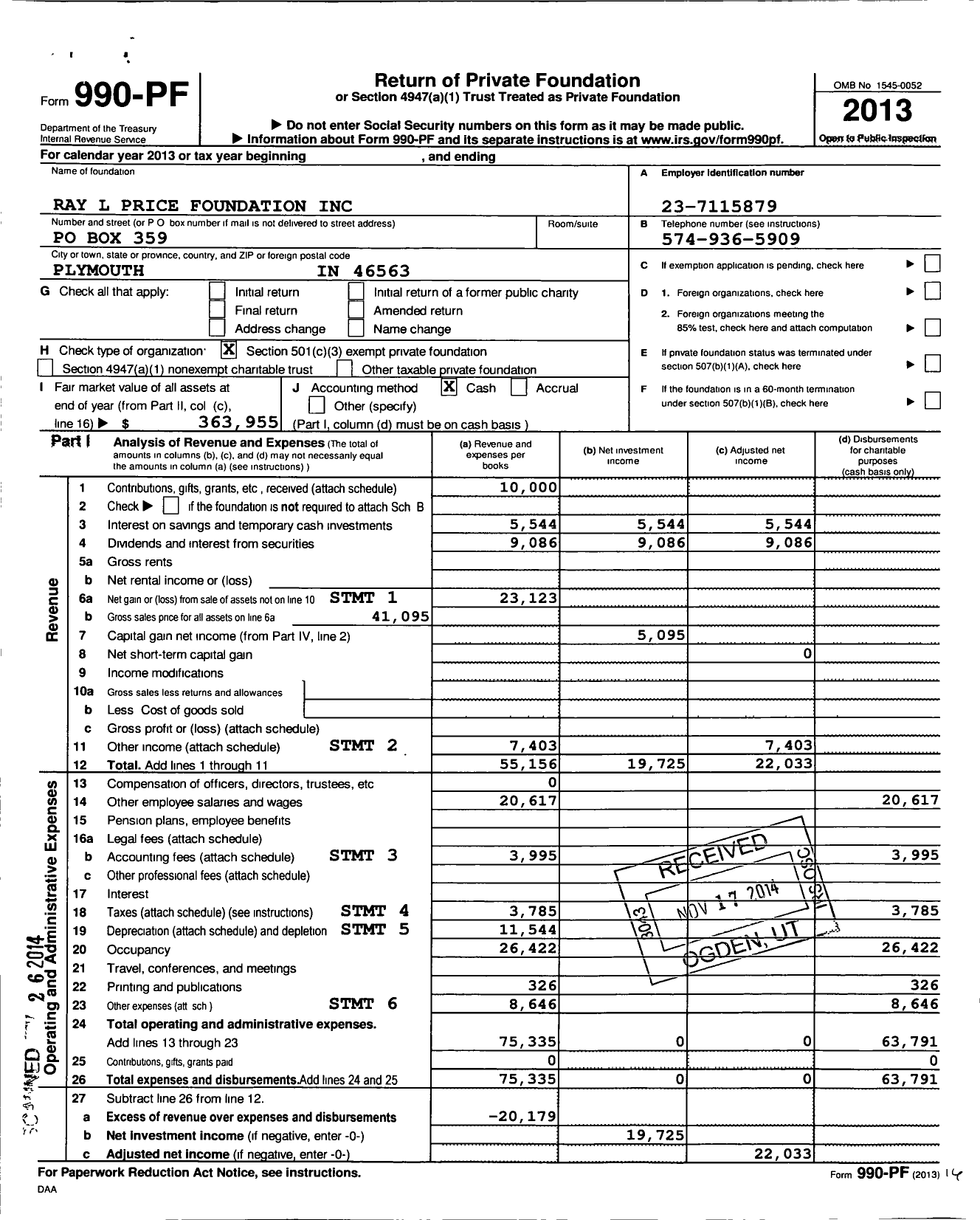 Image of first page of 2013 Form 990PF for Ray L Price Foundation