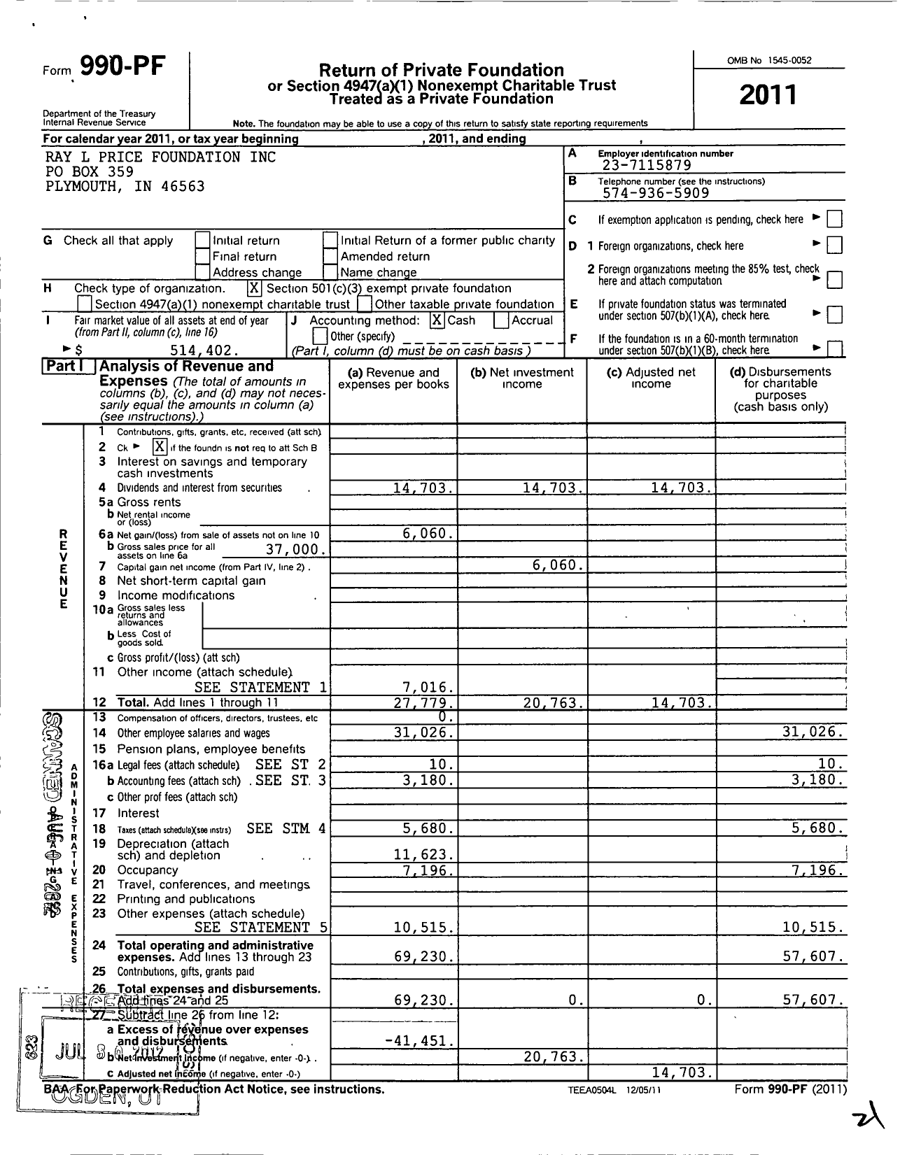 Image of first page of 2011 Form 990PF for Ray L Price Foundation