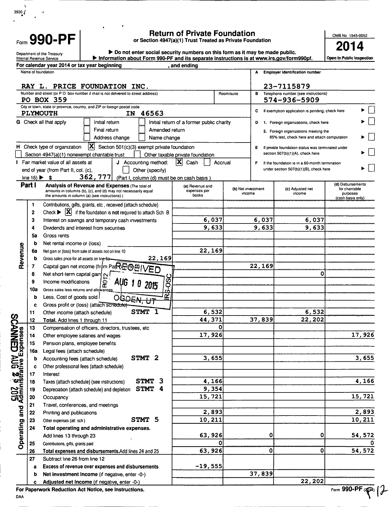 Image of first page of 2014 Form 990PF for Ray L Price Foundation