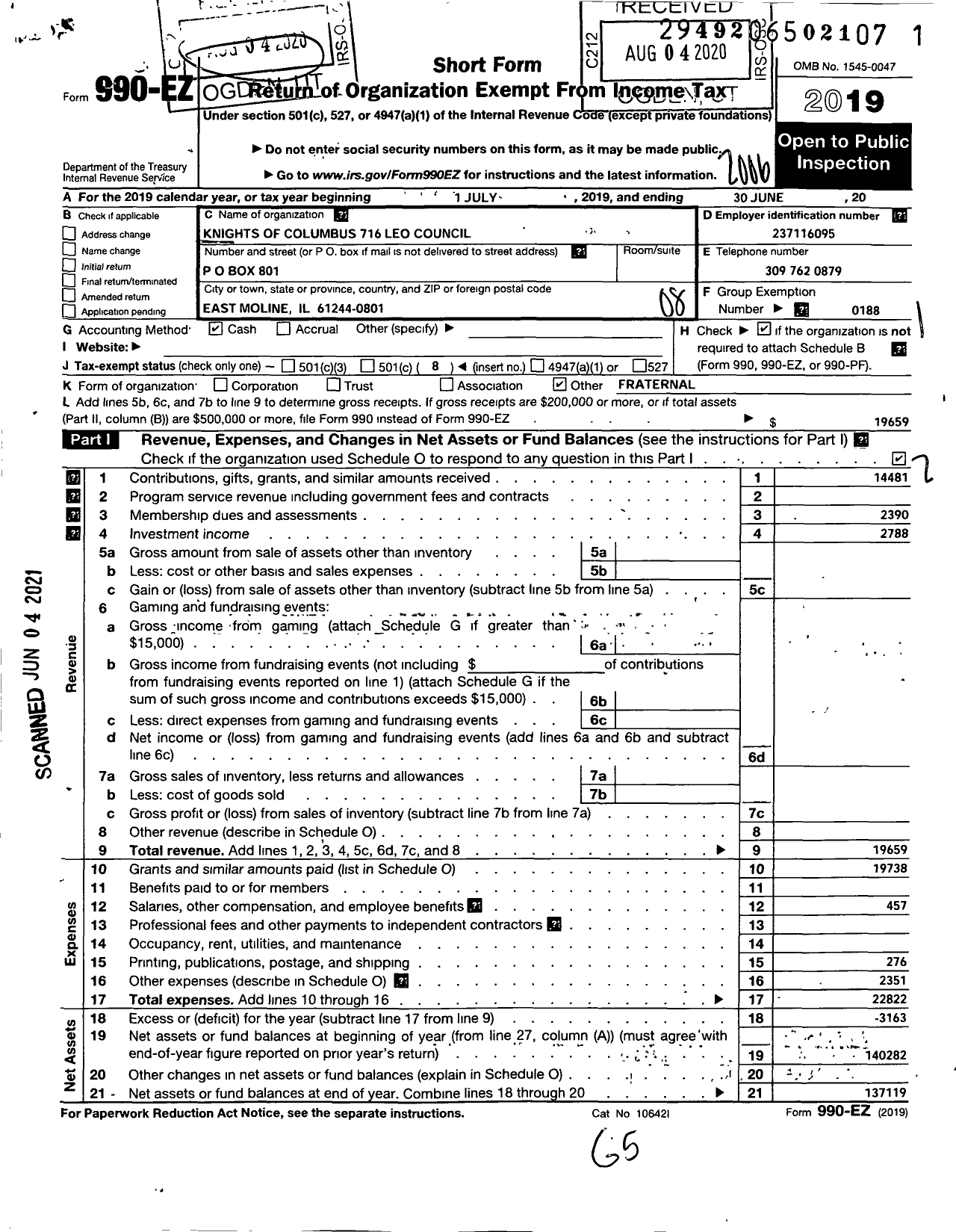 Image of first page of 2019 Form 990EO for Knights of Columbus - 716 Leo Council