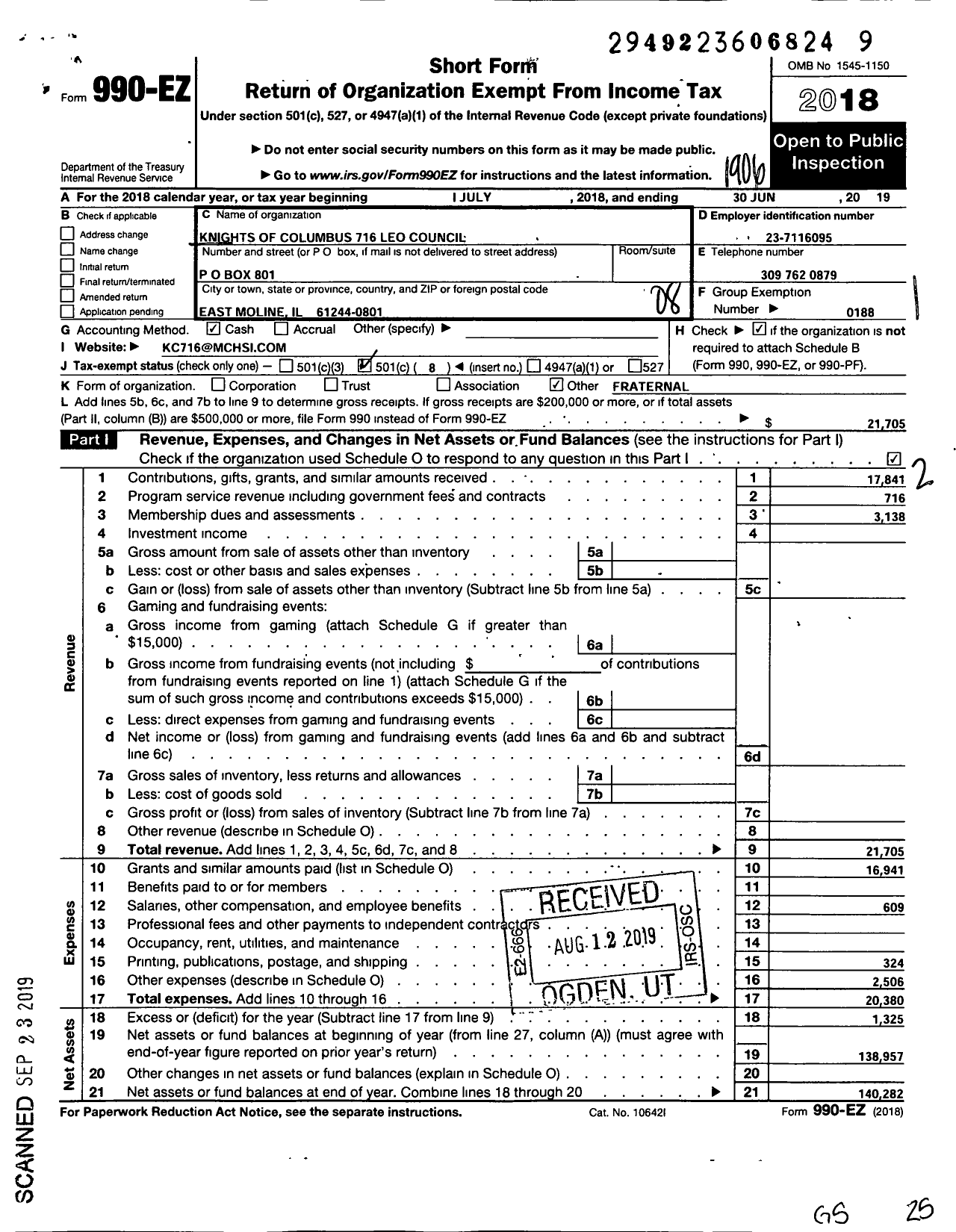 Image of first page of 2018 Form 990EO for Knights of Columbus - 716 Leo Council