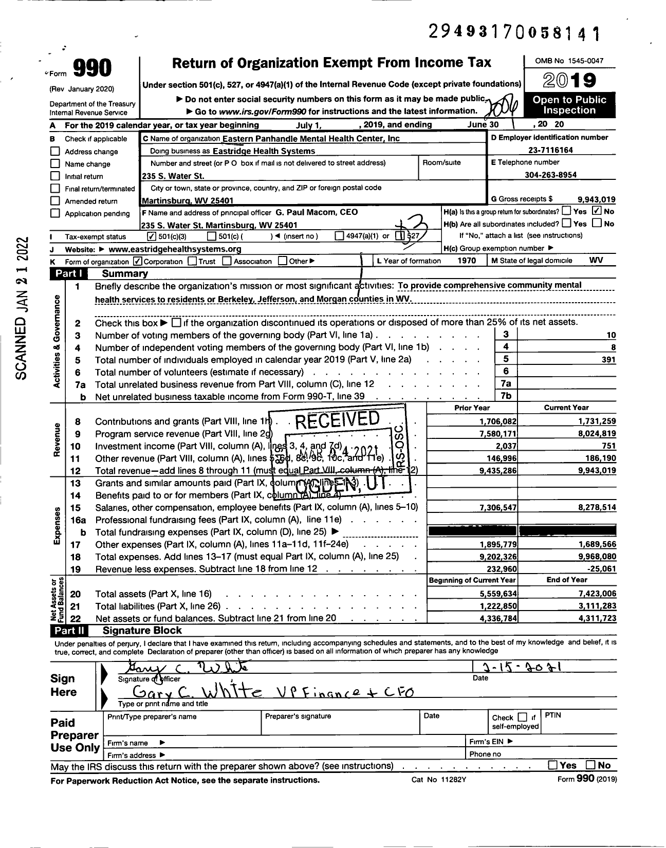 Image of first page of 2019 Form 990 for Eastridge Health Systems