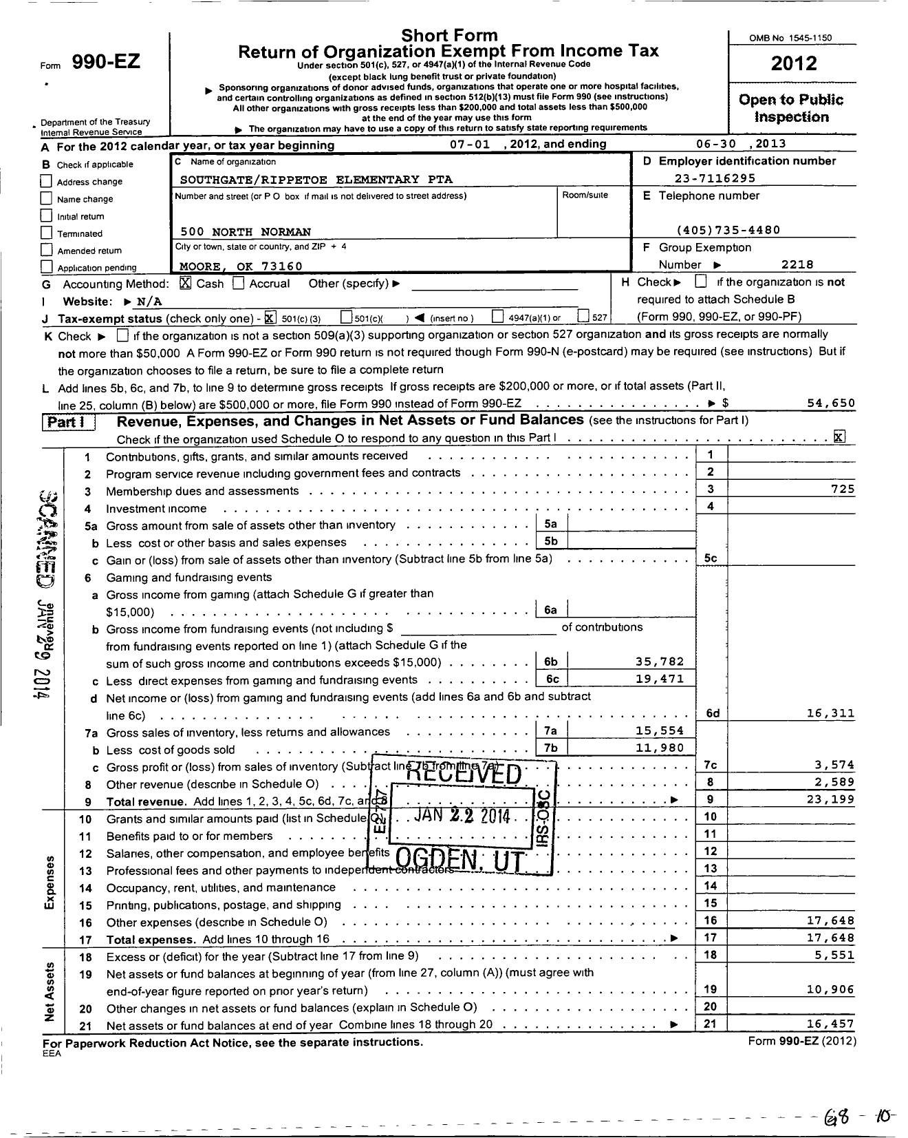 Image of first page of 2012 Form 990EZ for PTA Oklahoma Congress / Southgate-Rippetoe Elementary