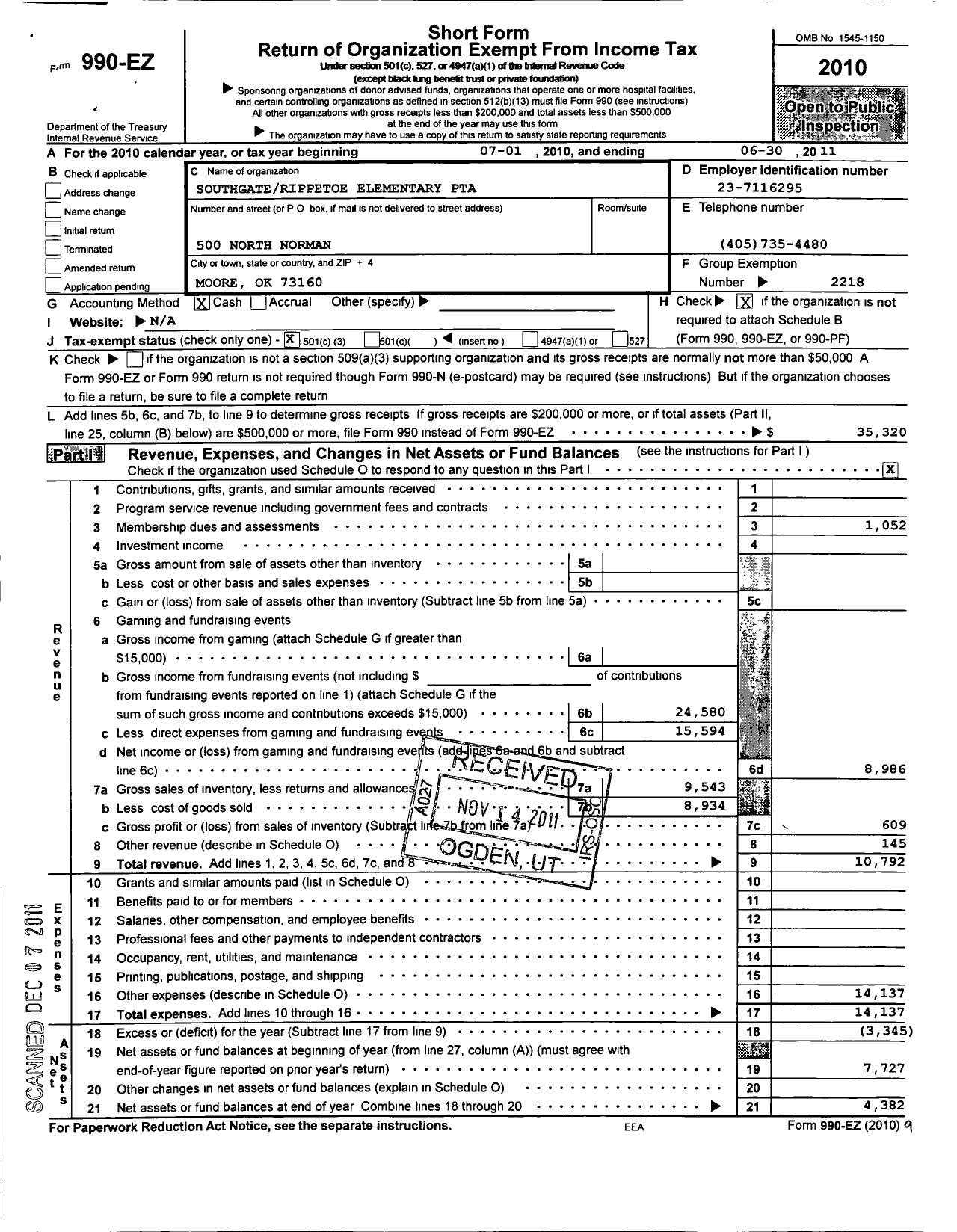 Image of first page of 2010 Form 990EZ for PTA Oklahoma Congress / Southgate-Rippetoe Elementary