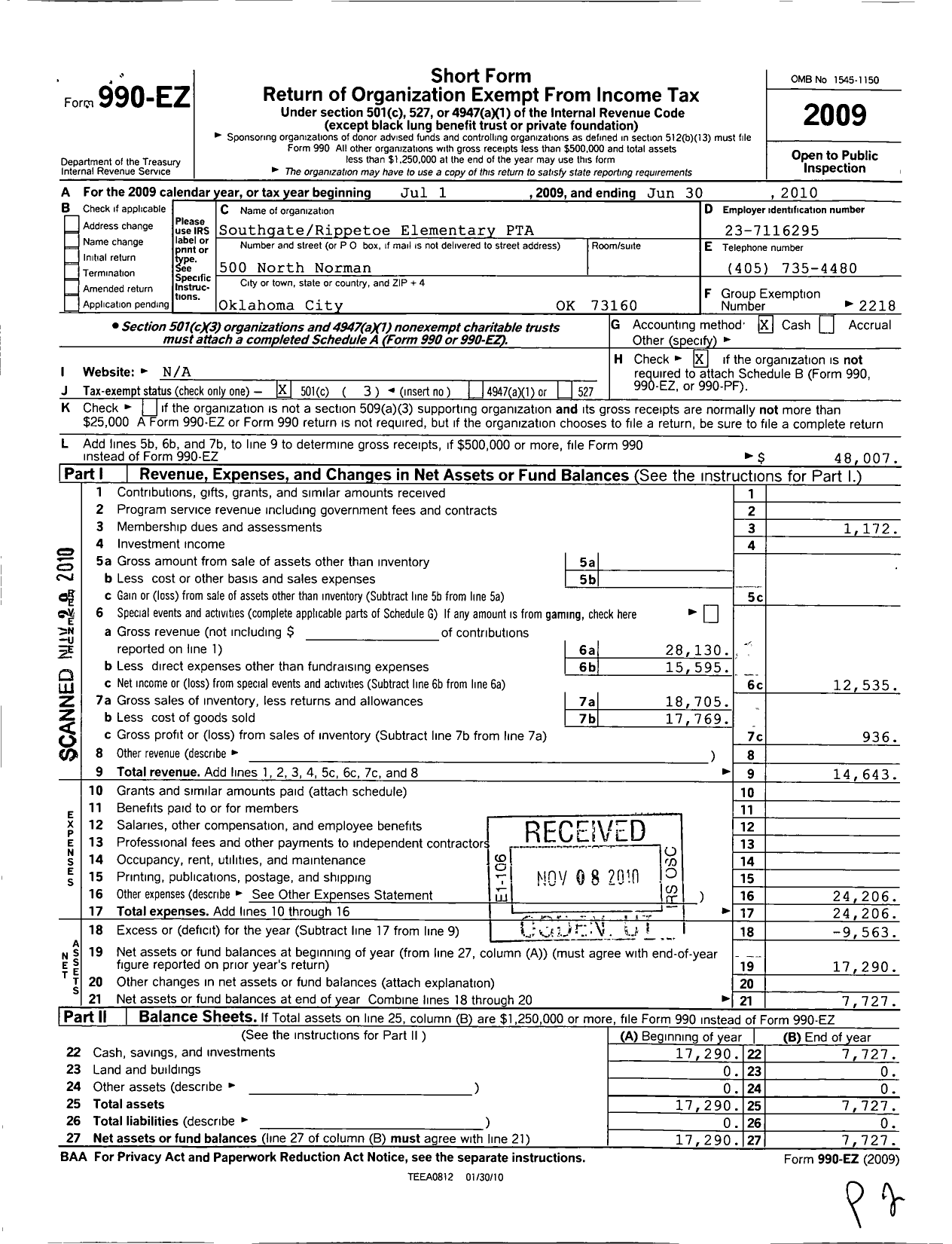 Image of first page of 2009 Form 990EZ for PTA Oklahoma Congress / Southgate-Rippetoe Elementary