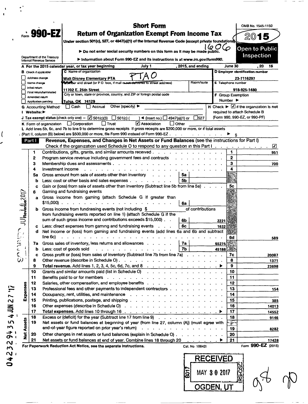 Image of first page of 2015 Form 990EZ for PTA Oklahoma Congress / Disney Elementary PTA