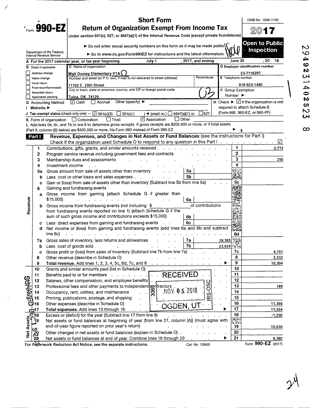 Image of first page of 2017 Form 990EZ for PTA Oklahoma Congress / Disney Elementary PTA