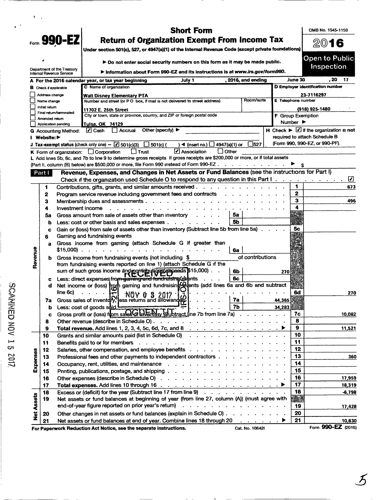 Image of first page of 2016 Form 990EZ for PTA Oklahoma Congress / Disney Elementary PTA