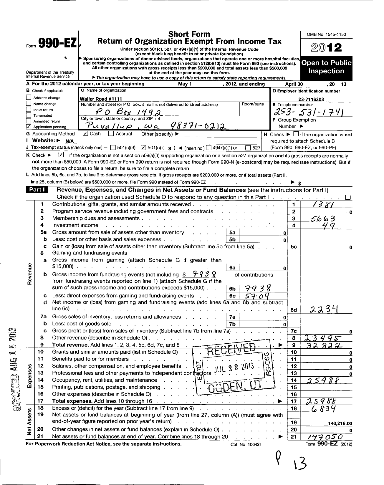 Image of first page of 2012 Form 990EO for Washington State Grange / 1111 Waller Rd