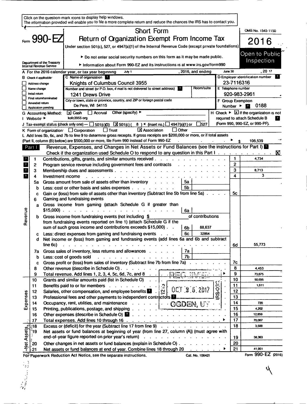 Image of first page of 2016 Form 990EO for Knights of Columbus - 3955 Abbott Pennings Council