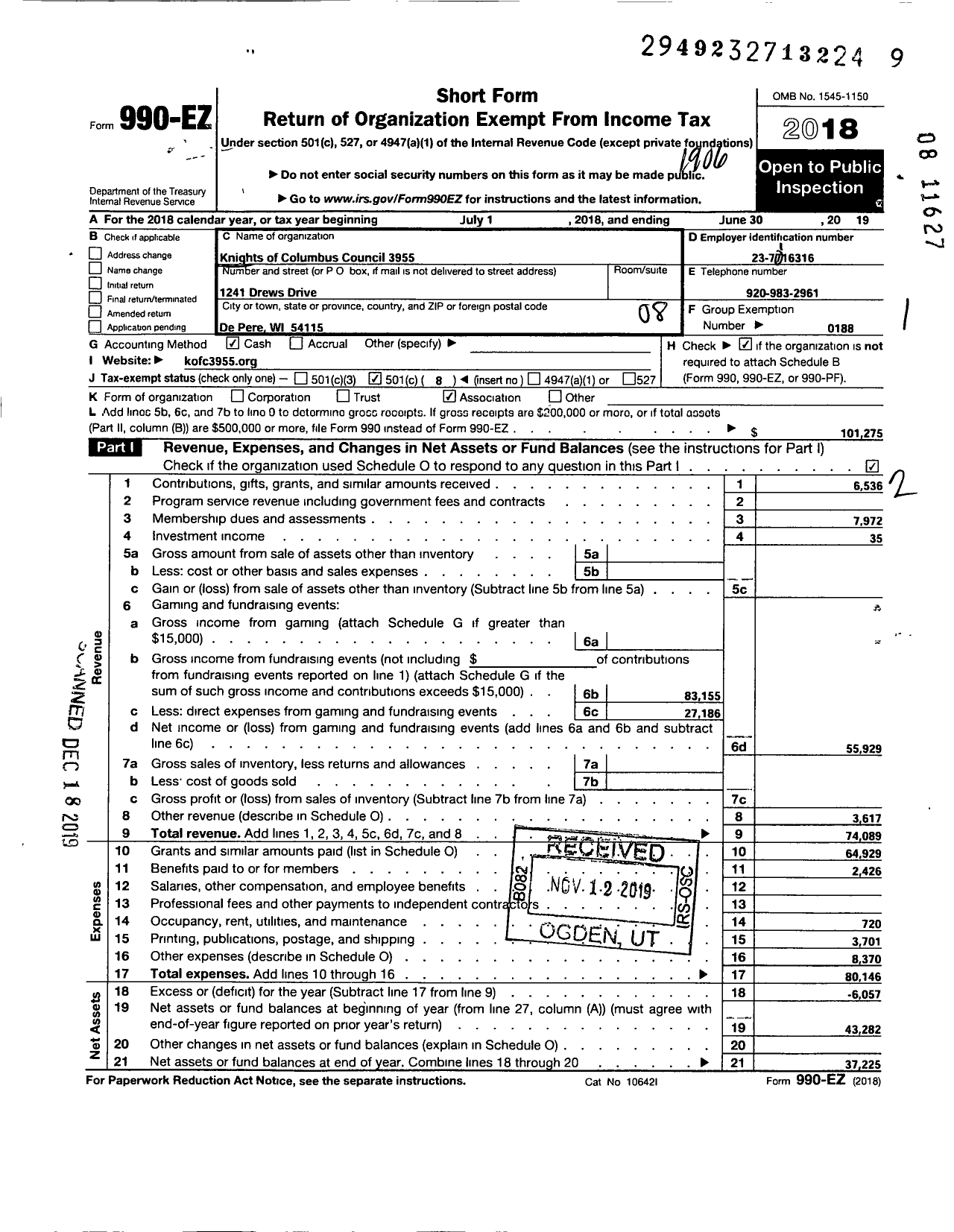 Image of first page of 2018 Form 990EO for Knights of Columbus - 3955 Abbott Pennings Council