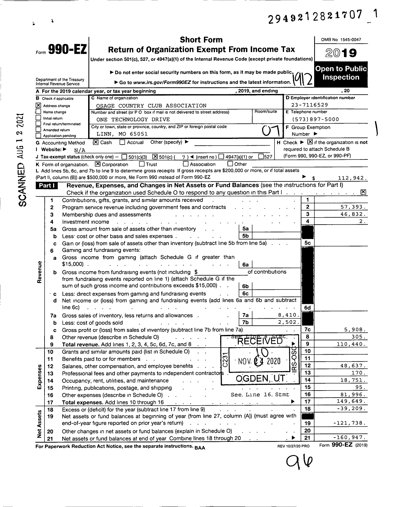 Image of first page of 2019 Form 990EO for Osage Country Club Association