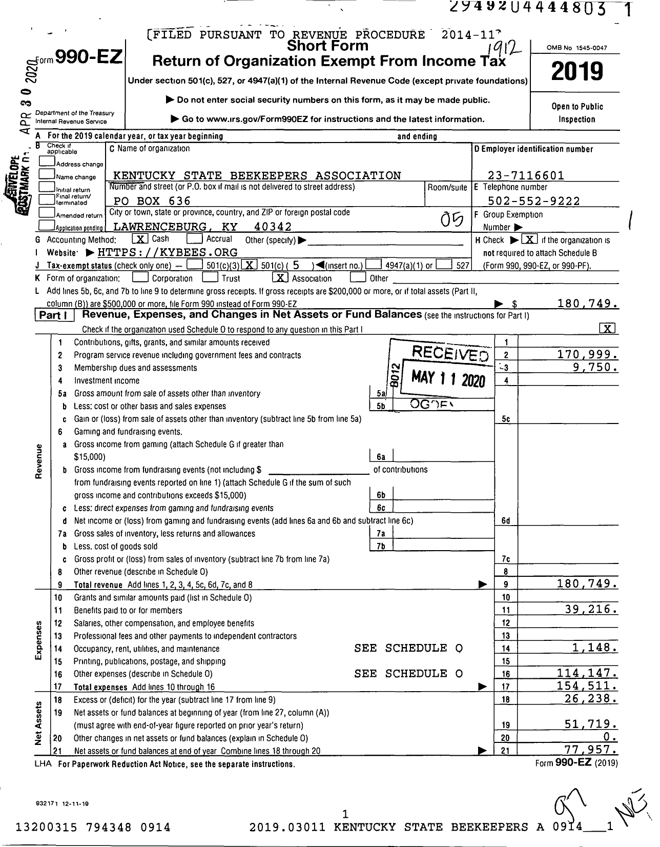 Image of first page of 2019 Form 990EO for Kentucky State Beekeepers Association