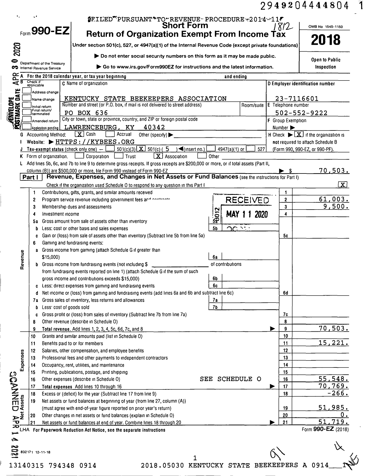 Image of first page of 2018 Form 990EO for Kentucky State Beekeepers Association