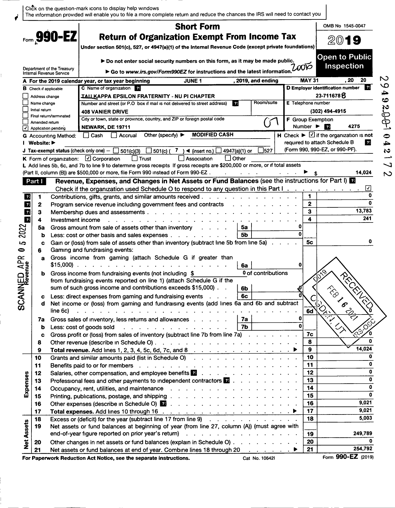 Image of first page of 2019 Form 990EO for Tau Kappa Epsilon Fraternity / 404 Nu Pi Chapter