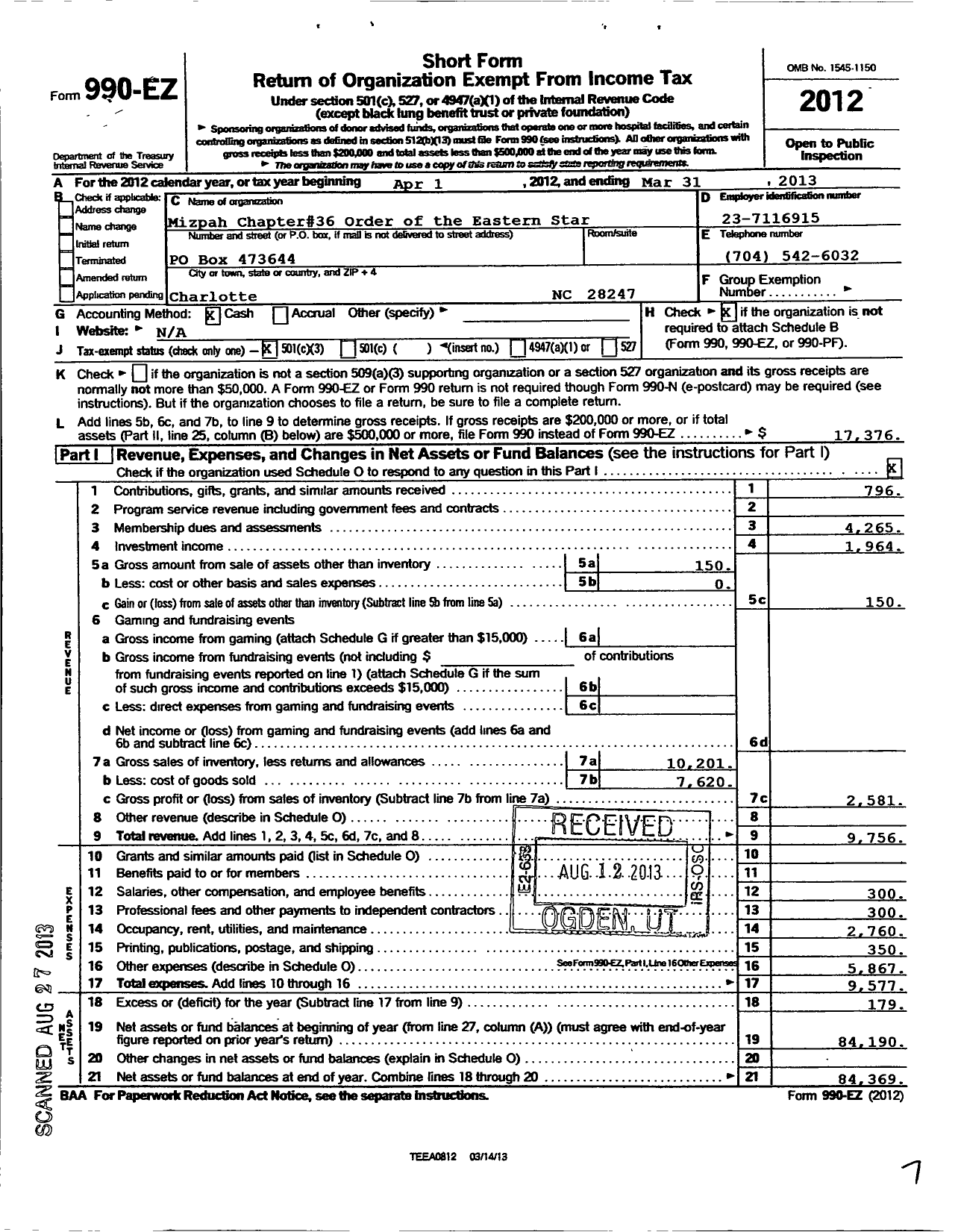 Image of first page of 2012 Form 990EZ for Order of the Eastern Star of North Carolina - 36 Mizpah