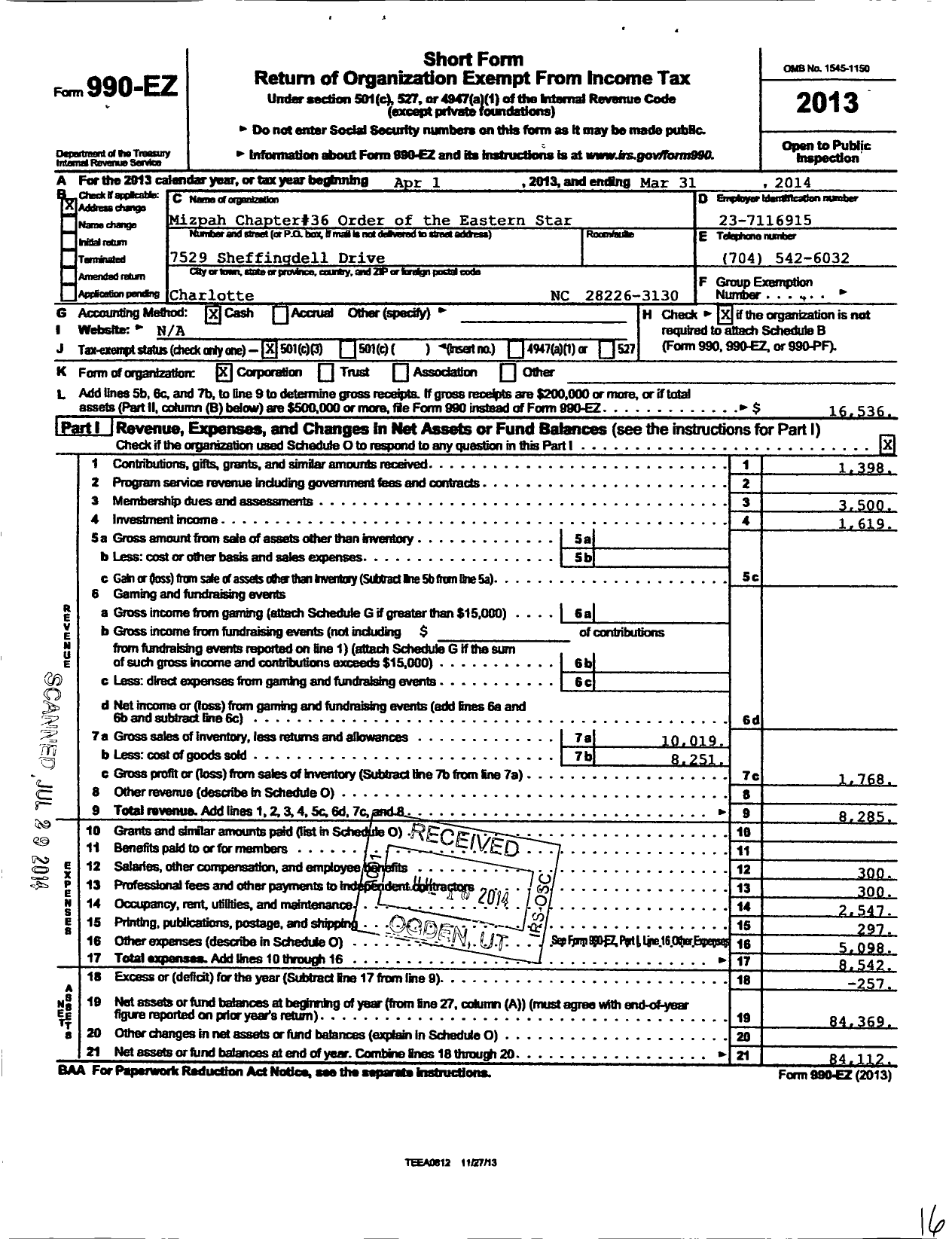 Image of first page of 2013 Form 990EZ for Order of the Eastern Star of North Carolina - 36 Mizpah