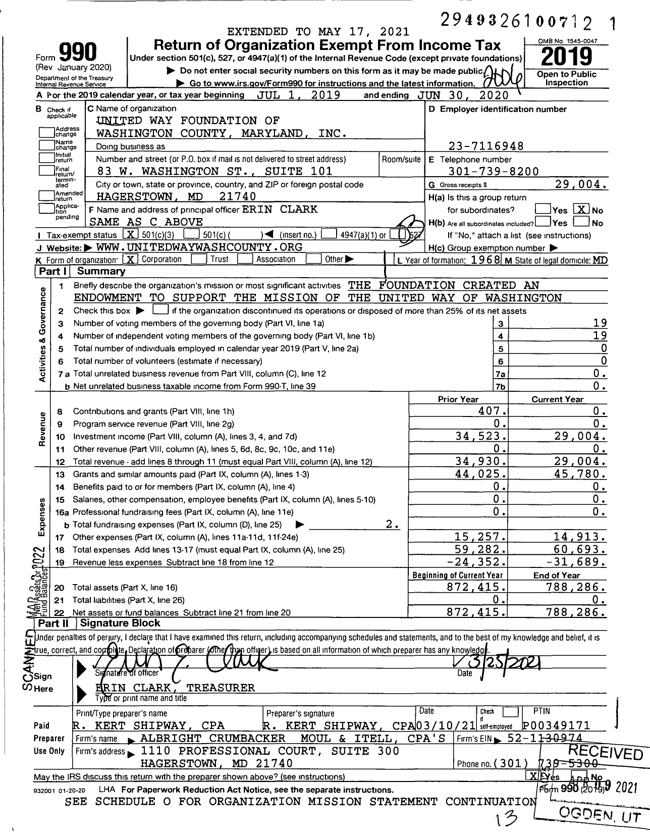 Image of first page of 2019 Form 990 for United Way Foundation of Washington County Maryland