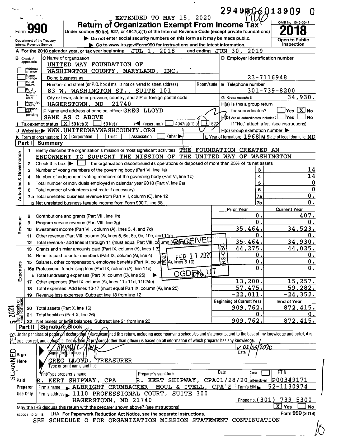 Image of first page of 2018 Form 990 for United Way Foundation of Washington County Maryland