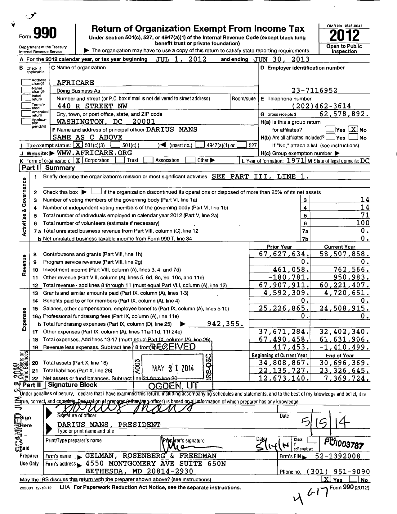 Image of first page of 2012 Form 990 for Africare