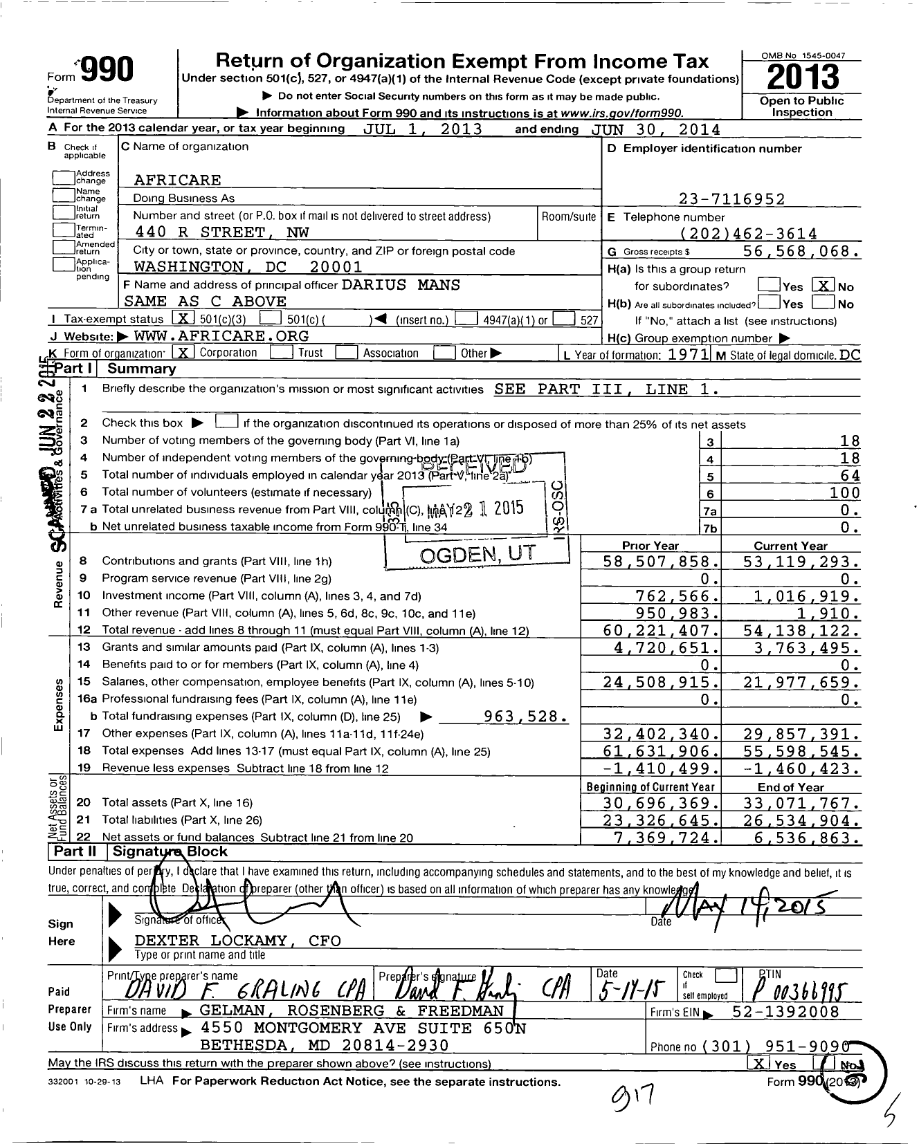 Image of first page of 2013 Form 990 for Africare