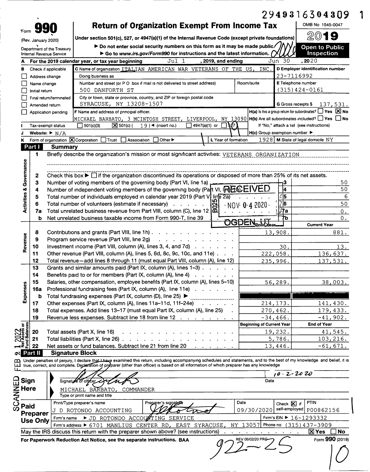 Image of first page of 2019 Form 990O for Italian American War Veterans Us - 1 John Vendetti Post