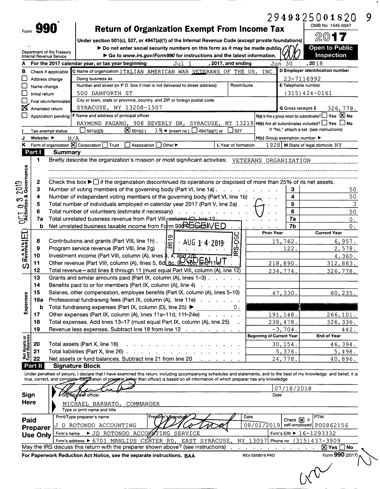 Image of first page of 2017 Form 990O for Italian American War Veterans Us - 1 John Vendetti Post